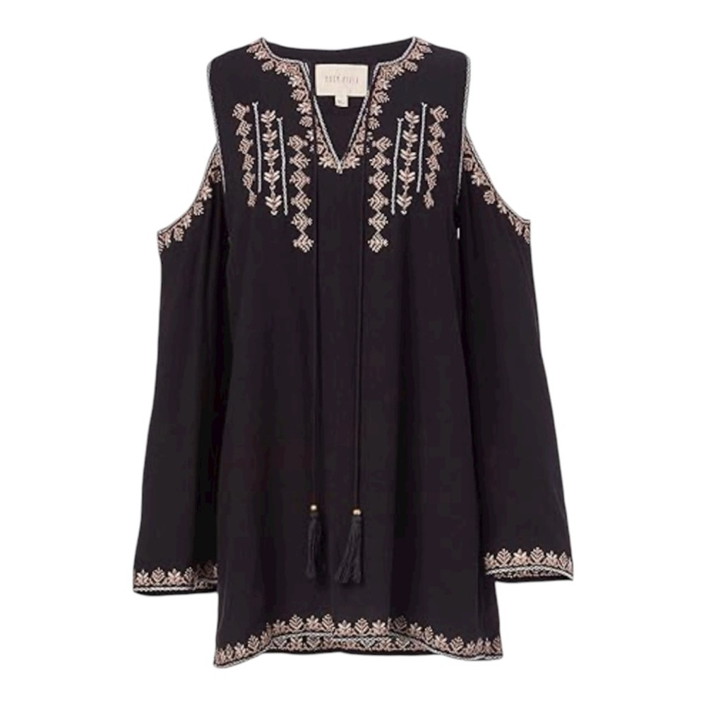 Moon River Cold Shoulder Bell Sleeve Black Embroidered Mini Dress